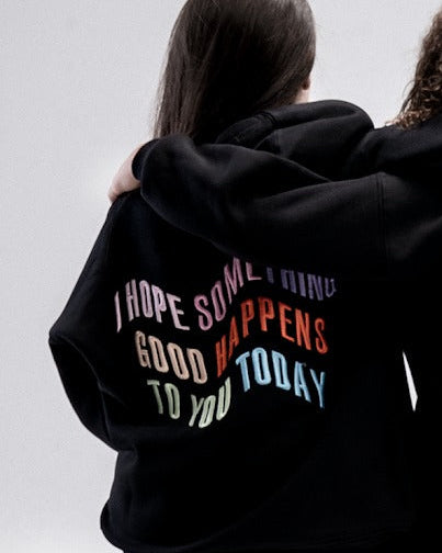 black writing back hoodie