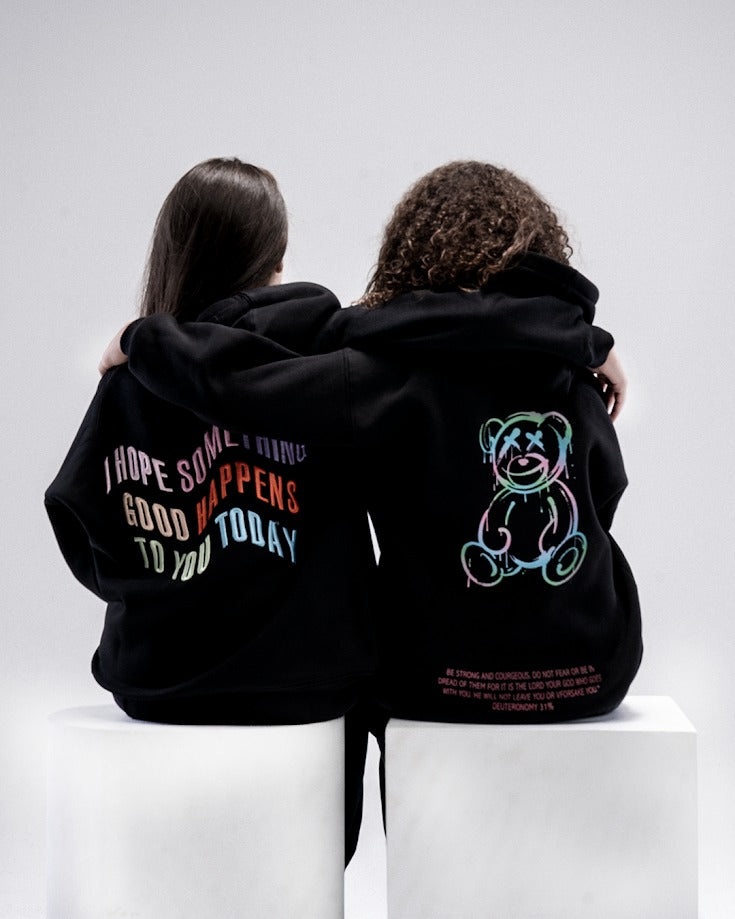 black writing back hoodie